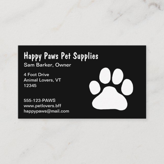White Paw Print on Black - (Custom Text & Colours) Business Card (Front)