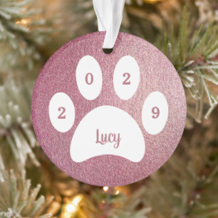White Paw Print Rose Gold Dog Photo with Name Year Ornament