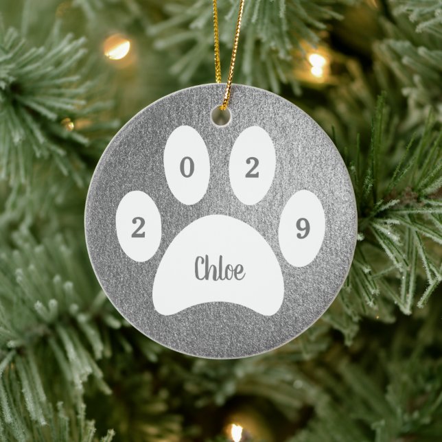 White Paw Print Silver Cat Photo with Name Year Ceramic Ornament (Tree)