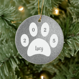 White Paw Print Silver Dog Photo with Name Year Ceramic Ornament