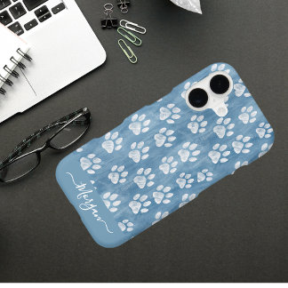 White Paw Prints on Blue Name – Rustic Pet Lover