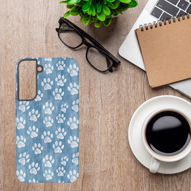 White Paw Prints on Blue – Rustic Pet Lover  Samsung Galaxy S22+ Case (Creator Uploaded)