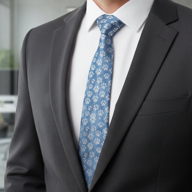 White Paw Prints on Blue – Rustic Pet Lover  Tie (Creator Uploaded)