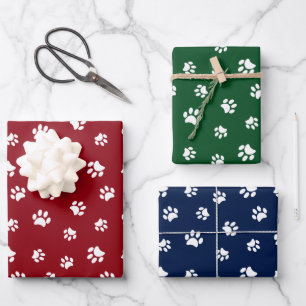 White Paw Prints Pattern on Red Green Blue Wrapping Paper Sheet