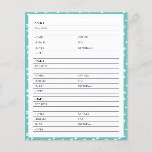 White pawprints address book pages (Front)