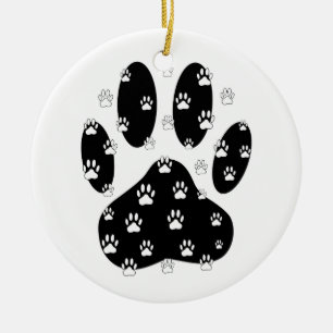 White Paws On Black Paw Print Ceramic Tree Decoration