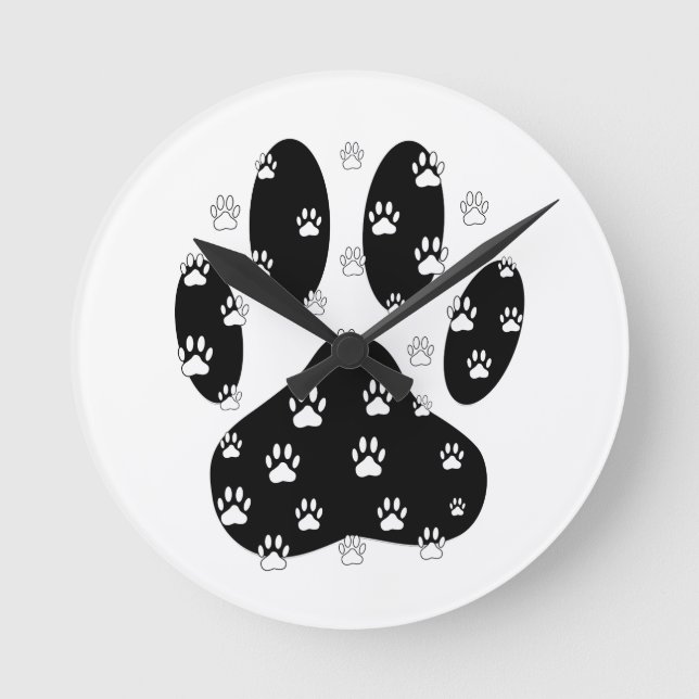 White Paws On Black Paw Print Round Clock (Front)