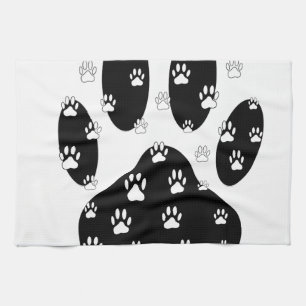 White Paws On Black Paw Print Tea Towel