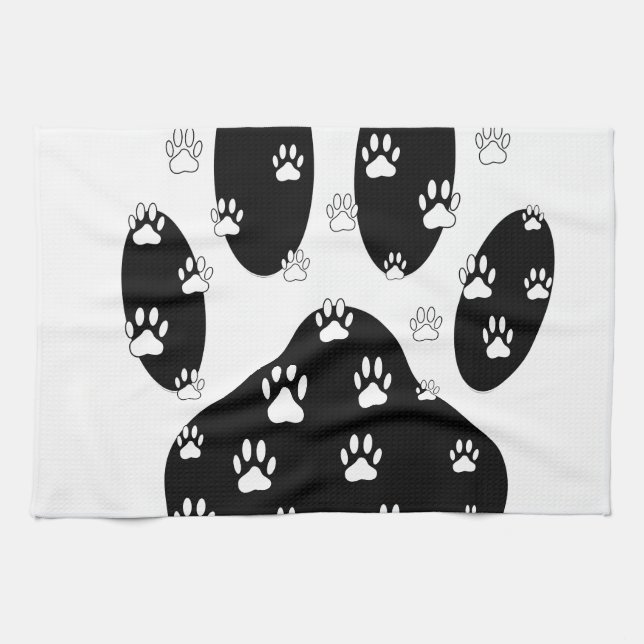 White Paws On Black Paw Print Tea Towel (Horizontal)