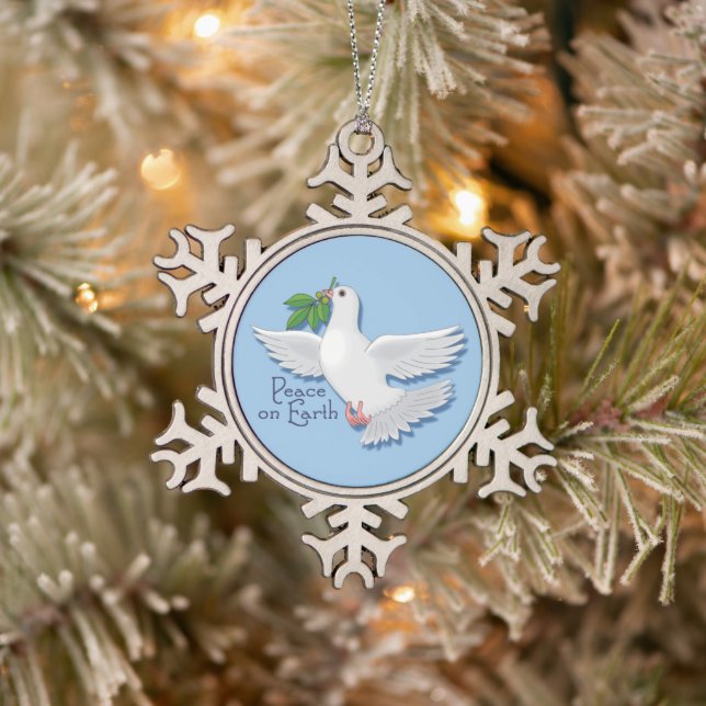 White Peace Dove on Earth Snowflake Pewter Christmas Ornament (Tree)