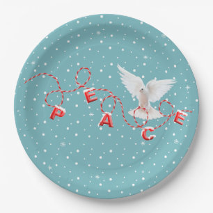 White Peace Dove With Peace Text Paper Plate