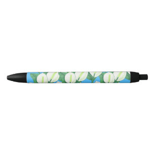 White peace lilies on pale blue background black ink pen