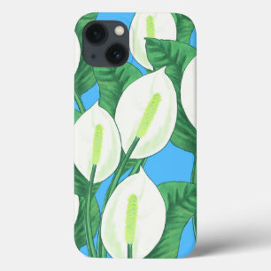 White peace lilies on pale blue background iPhone 13 case
