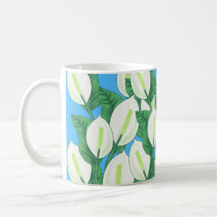 White peace lilies on pale blue background coffee mug