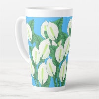 White peace lilies on pale blue background