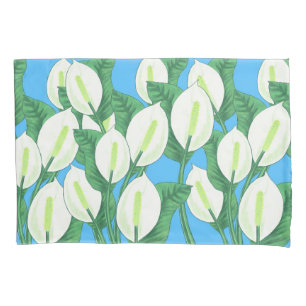 White peace lilies on pale blue background pillowcase