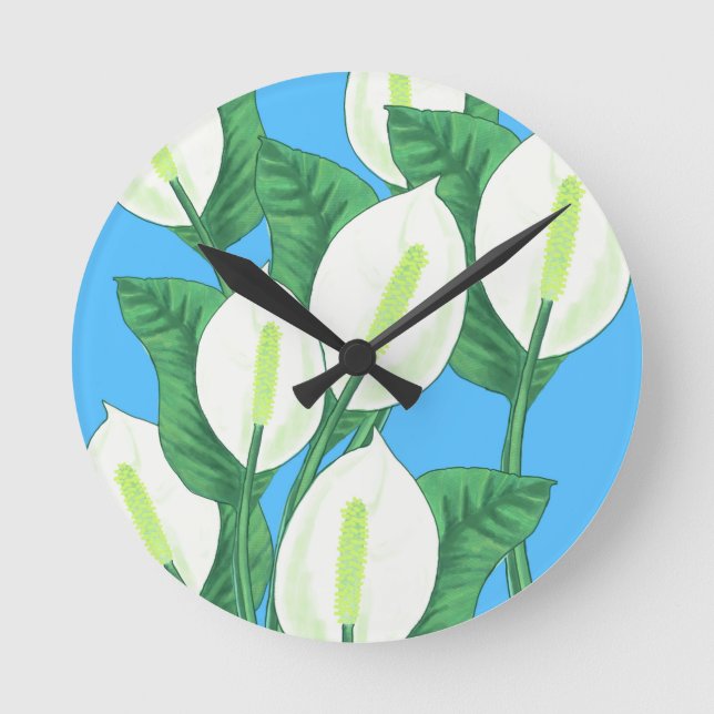 White peace lilies on pale blue background  round clock (Front)