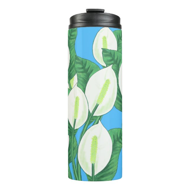White peace lilies on pale blue background  thermal tumbler (Front)