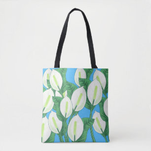 White peace lilies on pale blue background tote bag