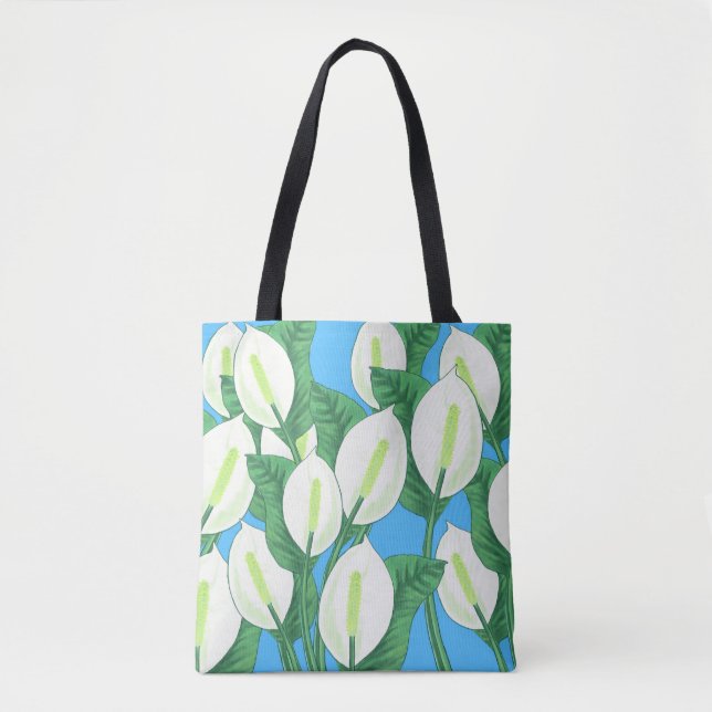 White peace lilies on pale blue background  tote bag (Front)