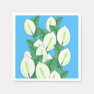 White Peace Lily Illustration Pale Blue Napkin