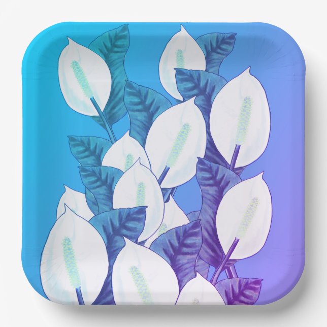 White Peace Lily Illustration Pale Blue Purple Paper Plate (Front)