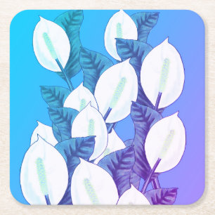 White Peace Lily Illustration Pale Blue Purple Square Paper Coaster