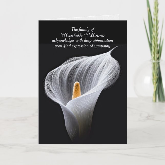 White Peace Lily On Black Sympathy Thank You Card (Front)