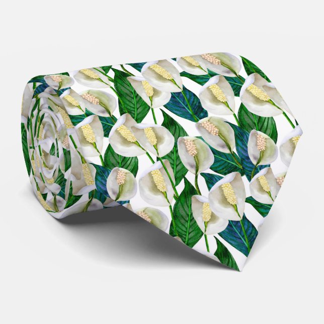 White Peace Lily Pattern Tie (Rolled)