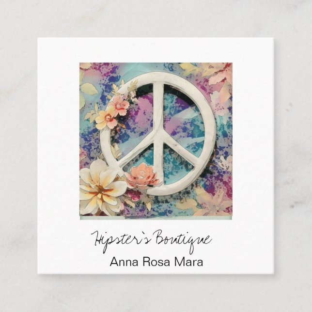 *~* White Peace Sign Flowers Grunge Boho AP57 QR Square Business Card (Front)