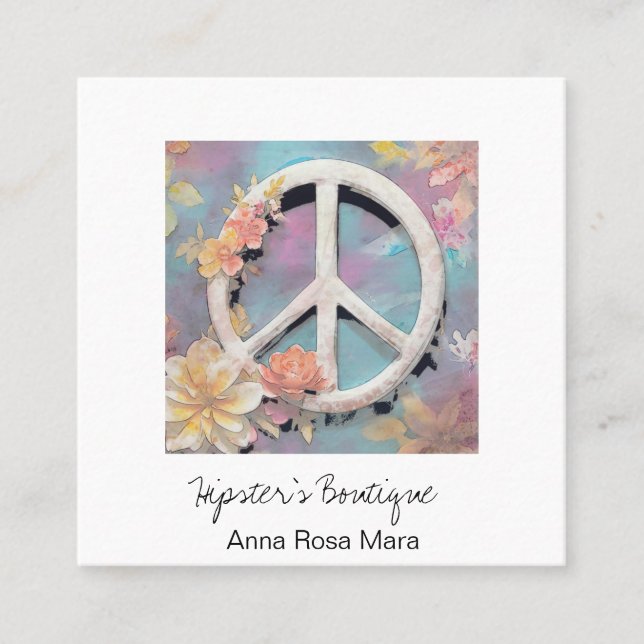 *~* White Peace Sign Flowers Grunge Boho QR AP57 Square Business Card (Front)
