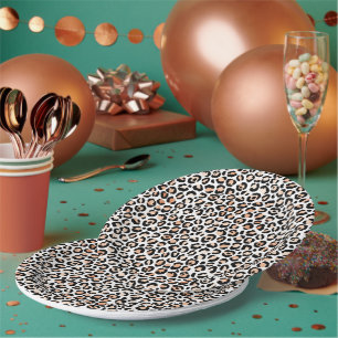 White Peach Black Leopard Print Paper Plate