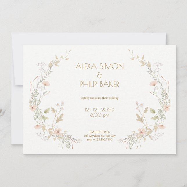 White Peach Floral Wedding Invitation (Front)