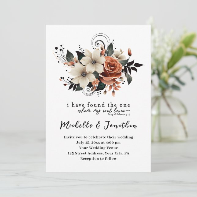White Peach Grey Floral Bible Christian Wedding Invitation (Standing Front)