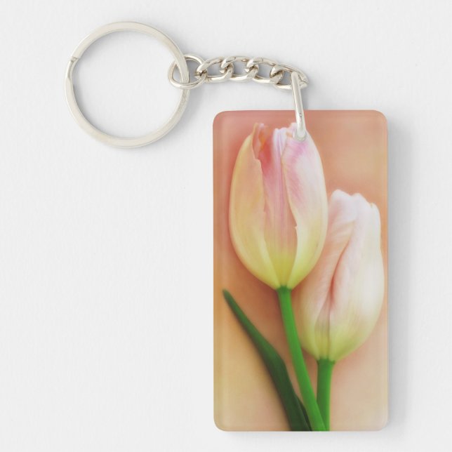 White, Peach, & Pink Tulips Background Customised Key Ring (Front)
