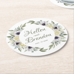White & Peach Shabby-chic Flowers Round Paper Coaster