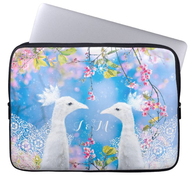 White peacock and blooming sakura /customizable laptop sleeve (Front)