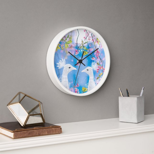 White peacock and blooming sakura / Romantic love  Clock (Office)