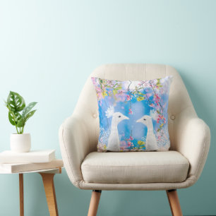 White peacock and blooming sakura / Romantic love  Cushion