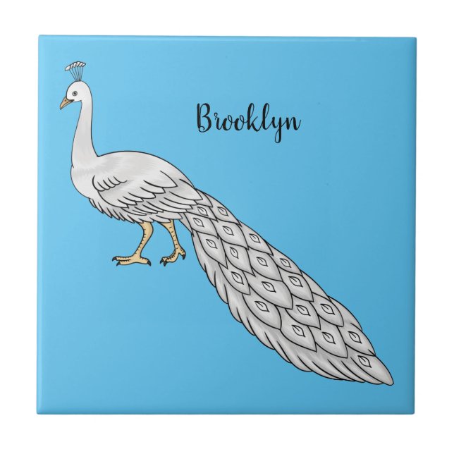 White peacock bird cartoon illustration  ceramic tile (Front)