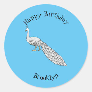 White peacock bird cartoon illustration classic round sticker