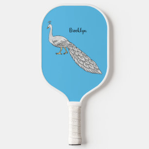White peacock bird cartoon illustration pickleball paddle