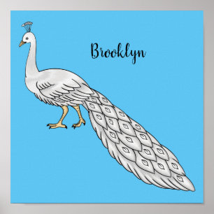 White peacock bird cartoon illustration poster