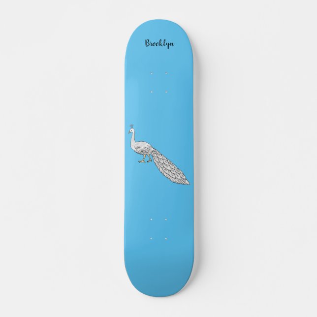 White peacock bird cartoon illustration  skateboard (Front)