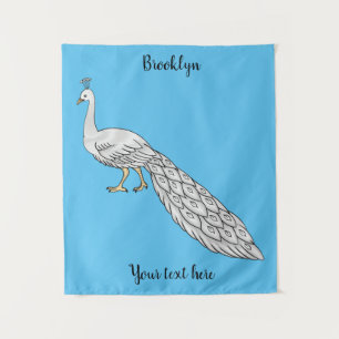 White peacock bird cartoon illustration  tapestry