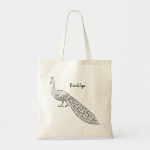 White peacock bird cartoon illustration tote bag