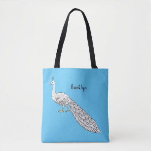White peacock bird cartoon illustration tote bag