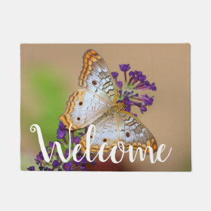 White Peacock Butterfly on Purple Flowers Doormat