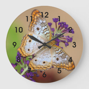 White Peacock Butterfly on Purple Flowers Large Clock