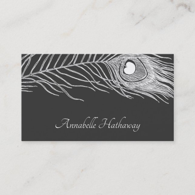 White Peacock Feather On Black Calling Card (Front)